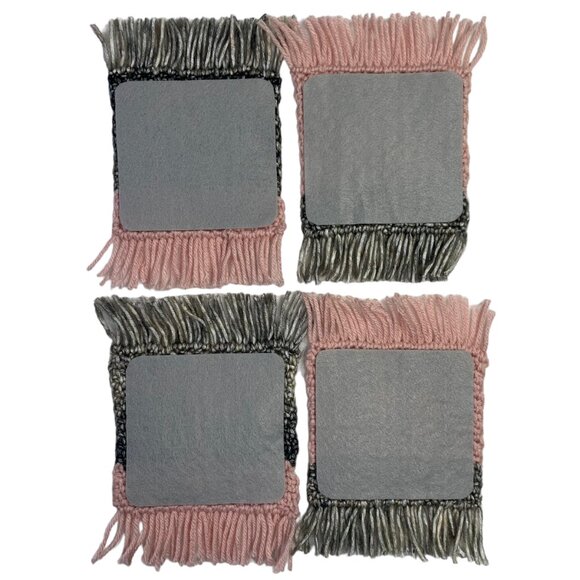 Mug Rugs Coasters Handmade Crochet Pink Gray Fringe Felt Back Set of 4 - Picture 8 of 11
